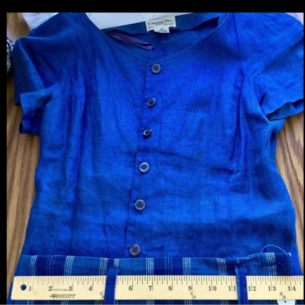 ⚜️ Vintage CHRISTIAN DIOR BLUE LINEN BLOUSE RARE   Fits Best Sz 4-8 tailored